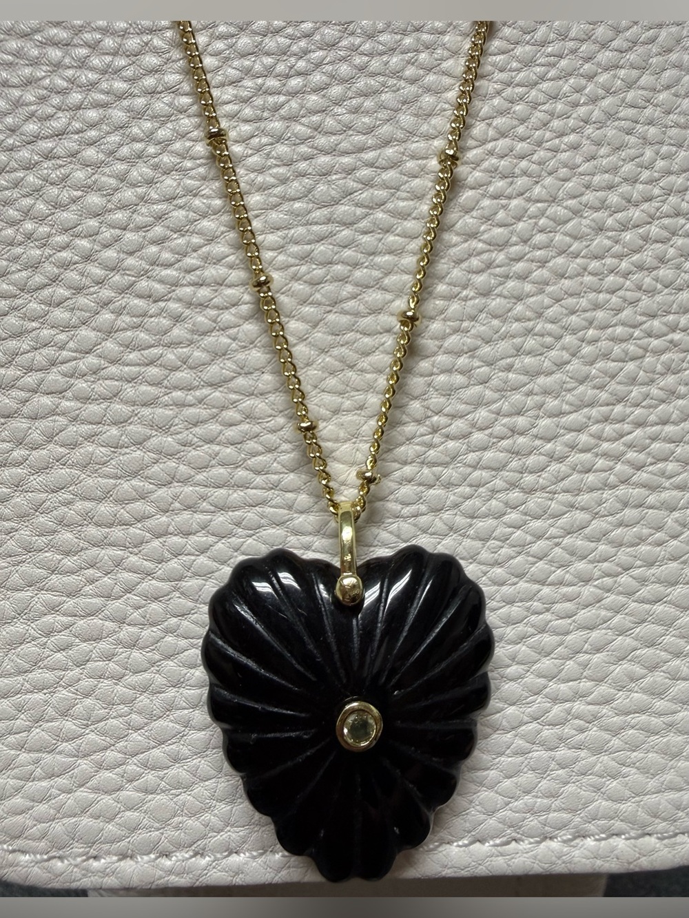 Beaded Gold Chain Necklace with Black Obsidian Carved Heart Pendant *NEW